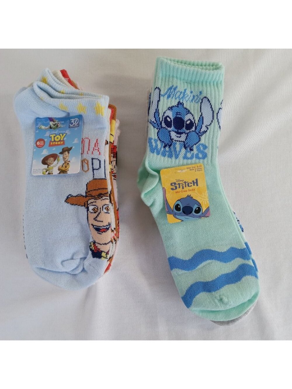 Disney Stitch Mid-Crew Socks Womens 3 Pair Pack & Pixar Toy Story 6 Pair No Show